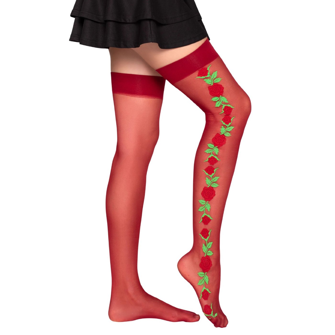 Leg Avenue Sheer Red Spandex Thigh High Stockings with Rose Embroidery