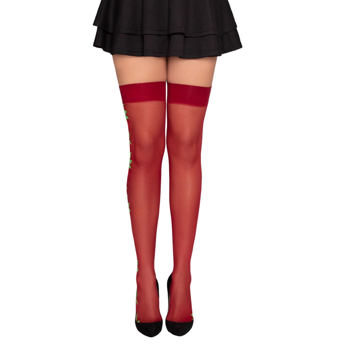 Leg Avenue Sheer Red Spandex Thigh High Stockings with Rose Embroidery