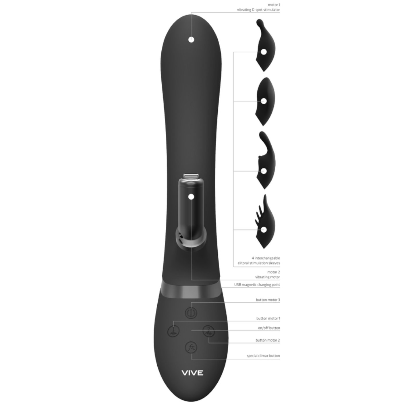 Vive Chou Double Action Interchangeable Rabbit Vibrator Black