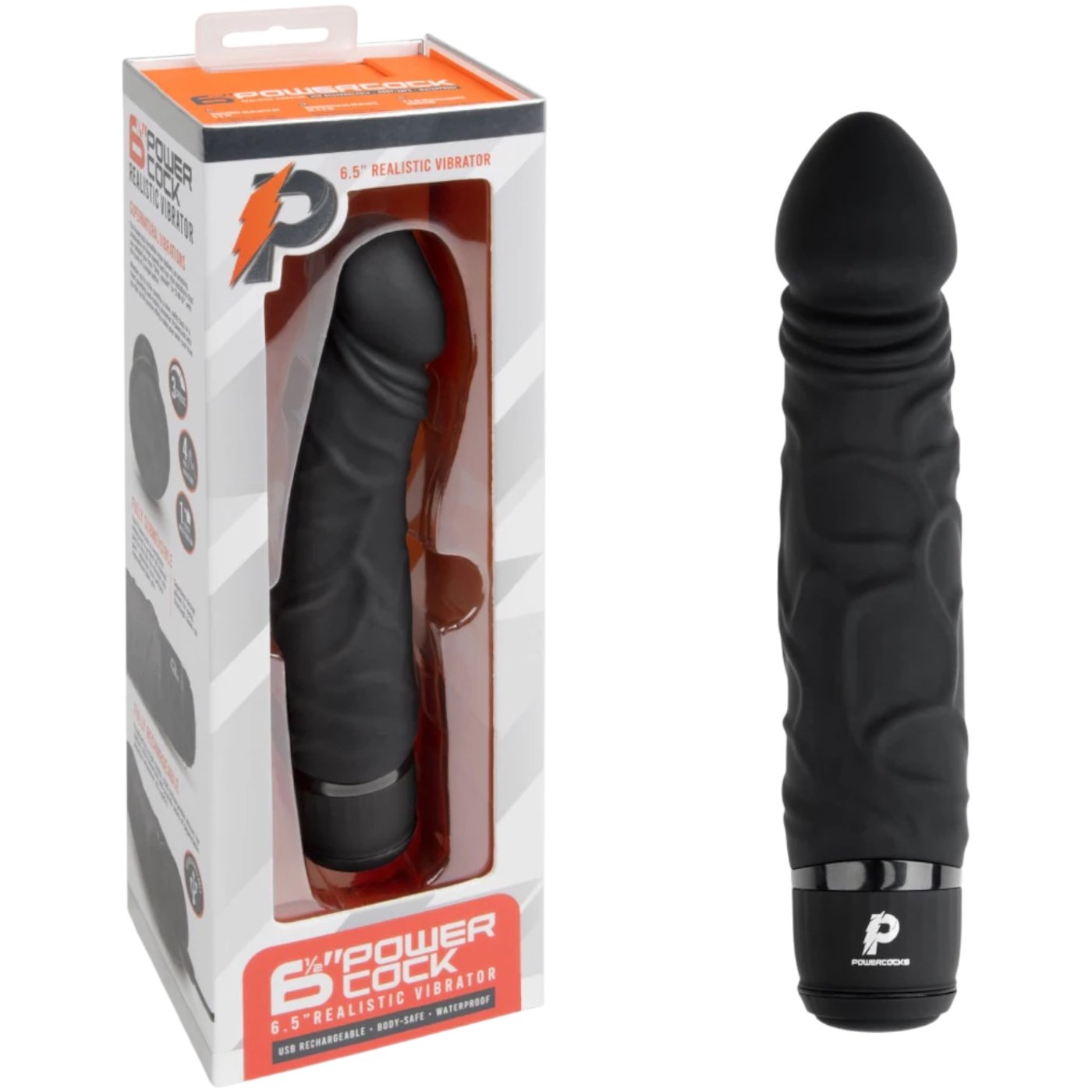 Powercocks 6.5 Inch Realistic Silicone Rechargeable Vibrator Black