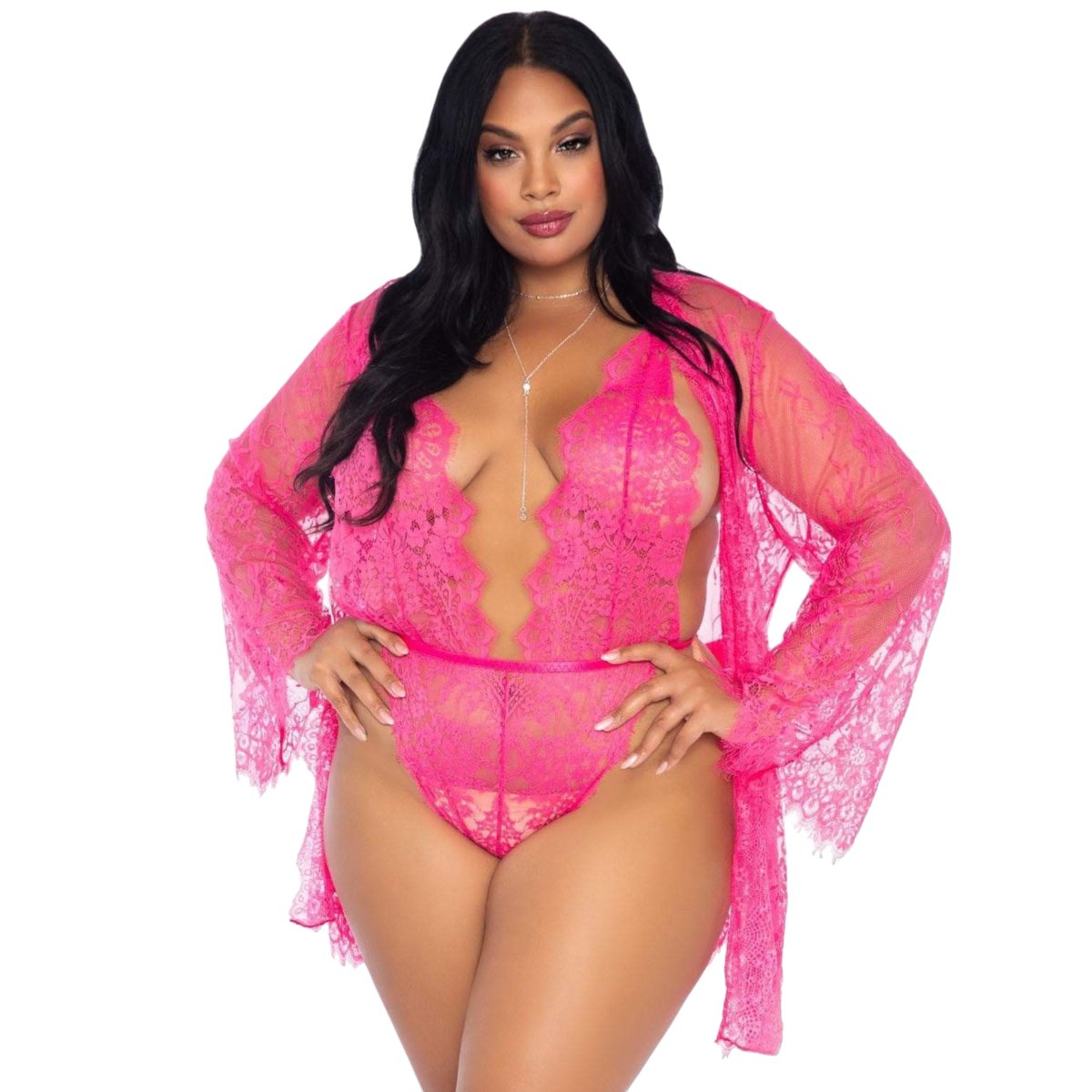 Leg Avenue Plus Floral Lace Teddy and Robe Set Pink