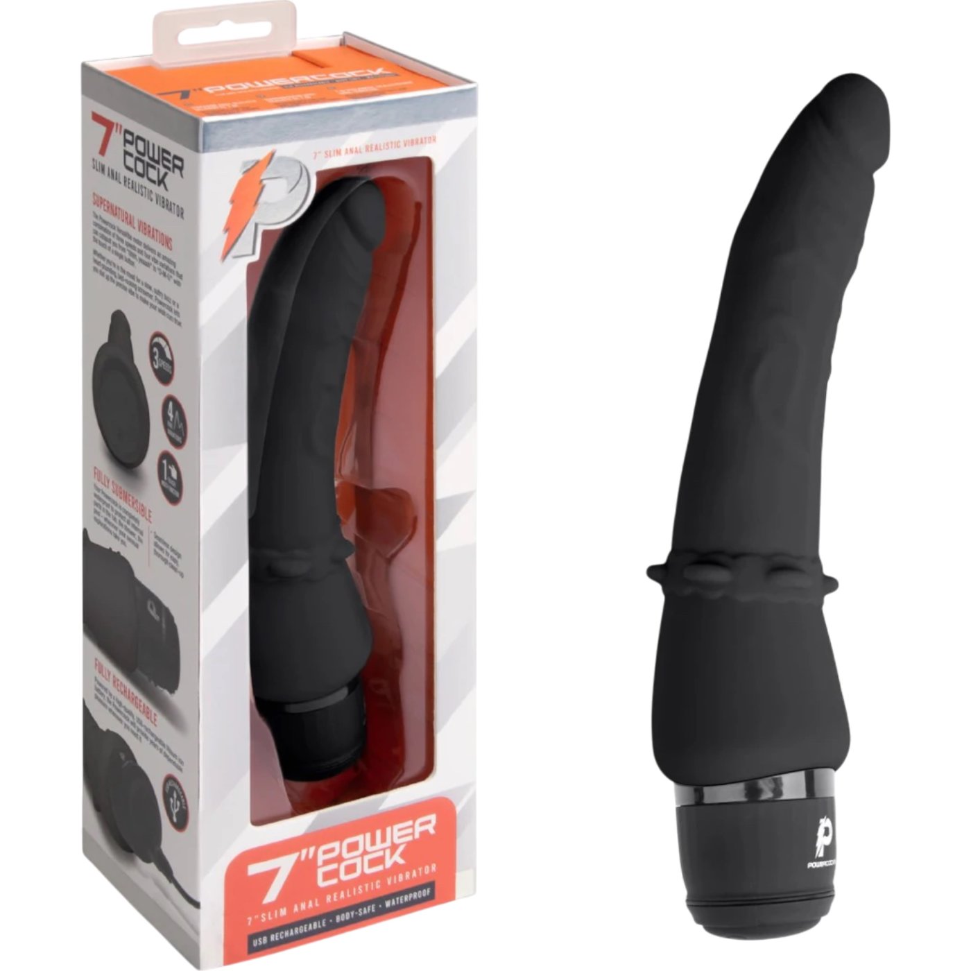 Powercocks 7 Inch Realistic Slim Anal Silicone Vibrator Black