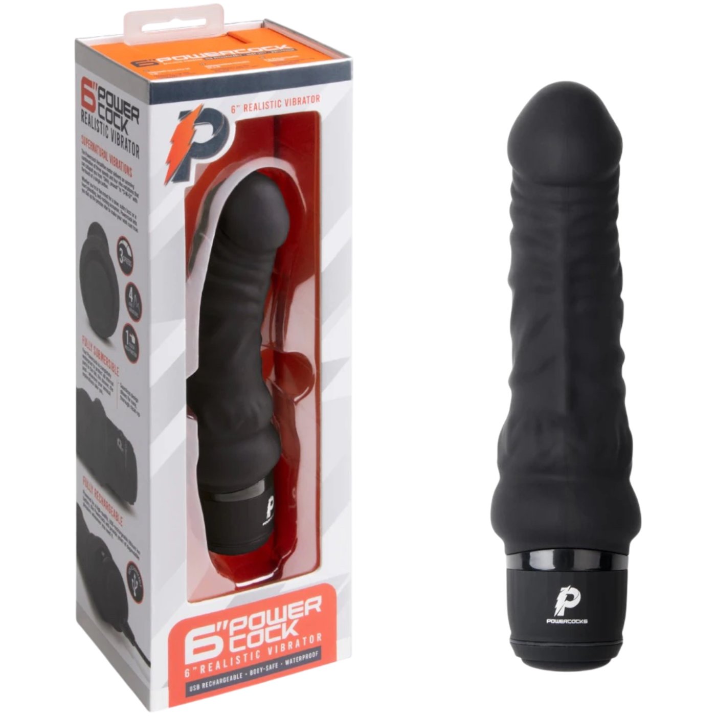 Powercocks 6 Inch Realistic Silicone Rechargeable Vibrator Black