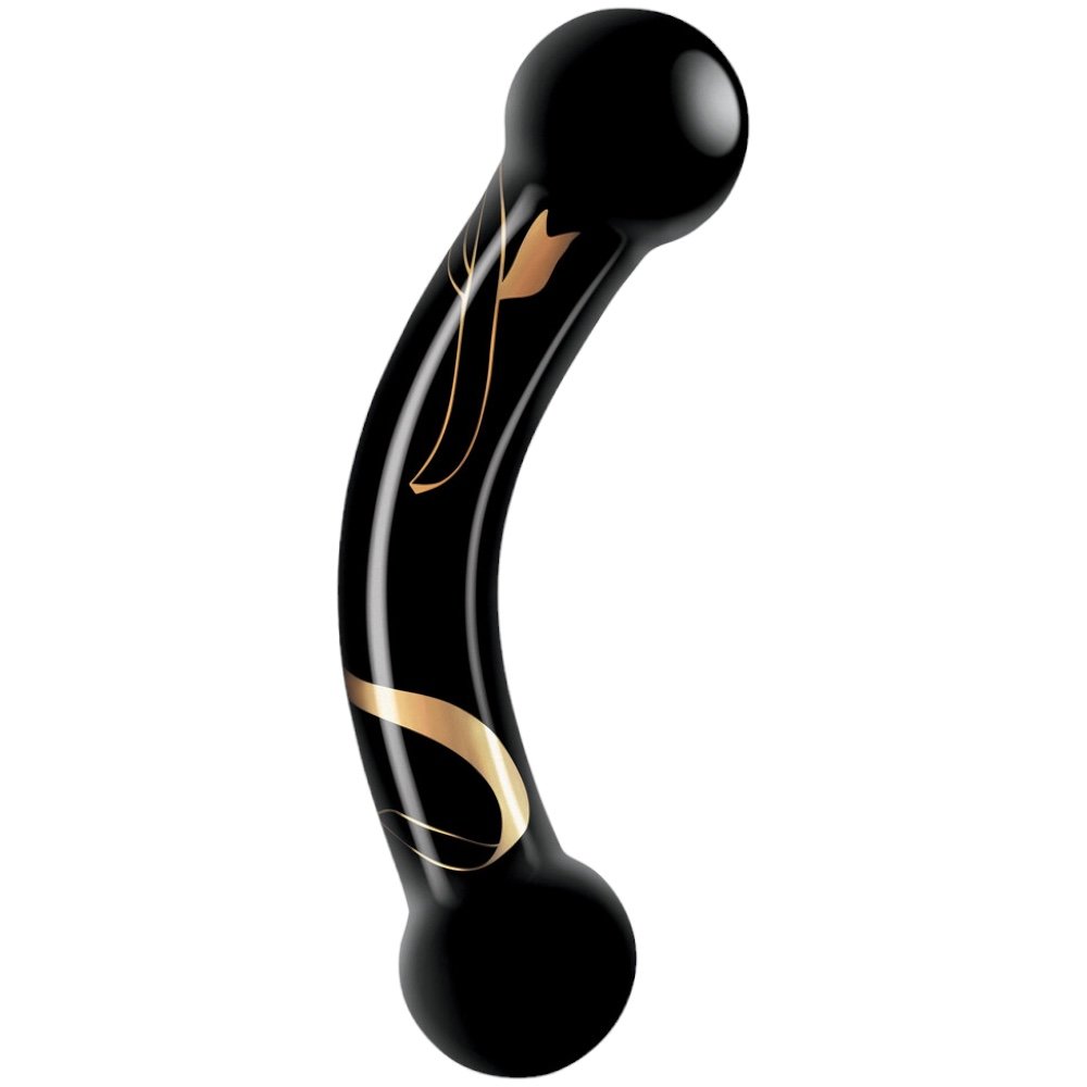 Secret Kisses Handblown Glass Double Ended Dildo Black Gold 5.5 Inch