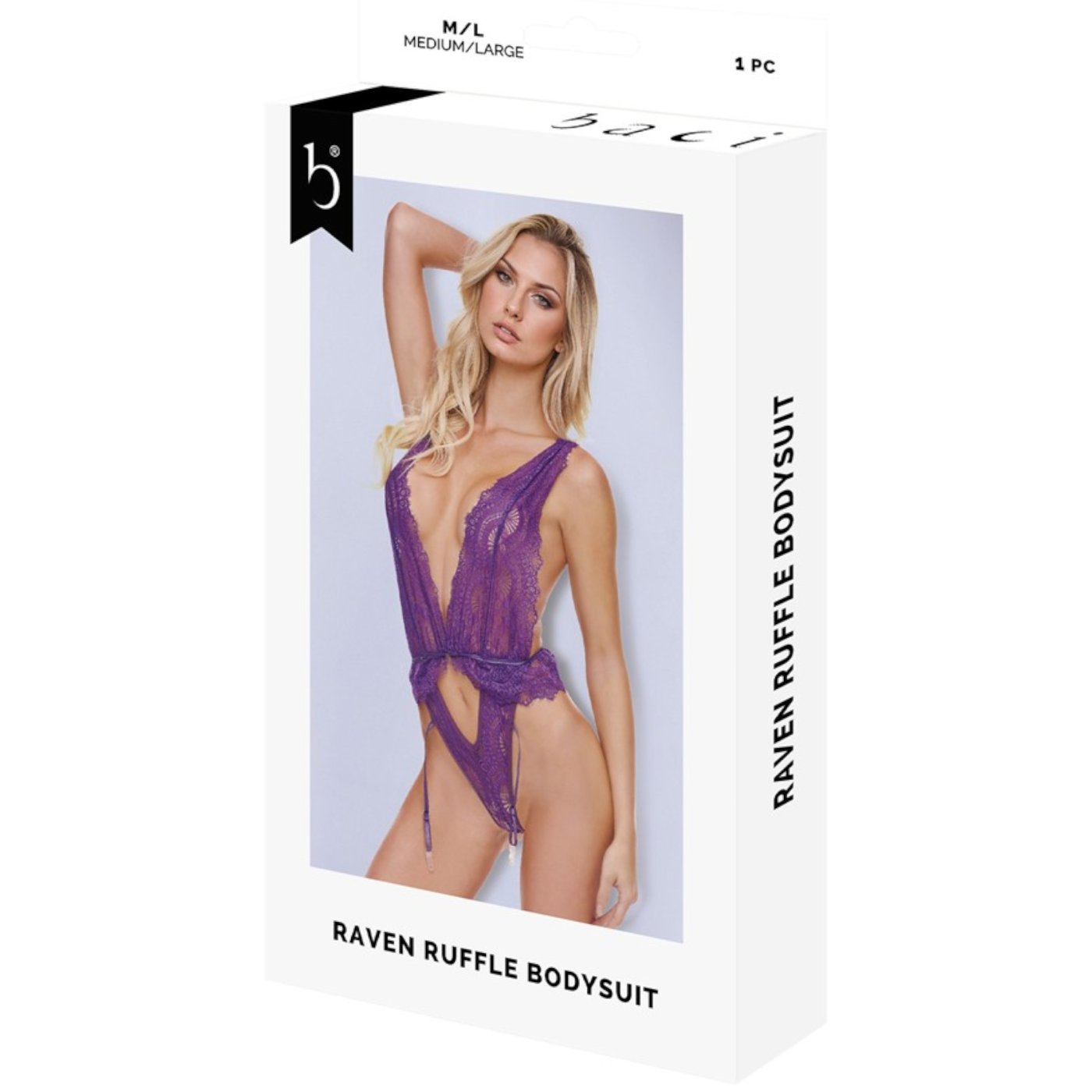 Baci Raven Ruffle Purple Lace Bodysuit with Suspender Straps