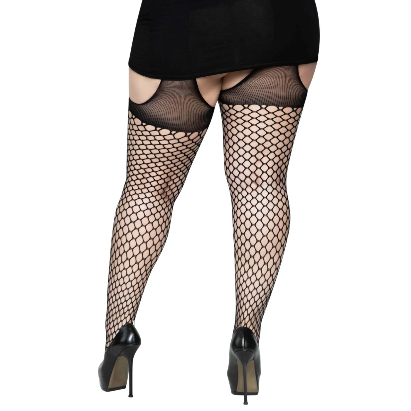 Leg Avenue Plus Size Oval Fishnet Crotchless Suspender Tights Black