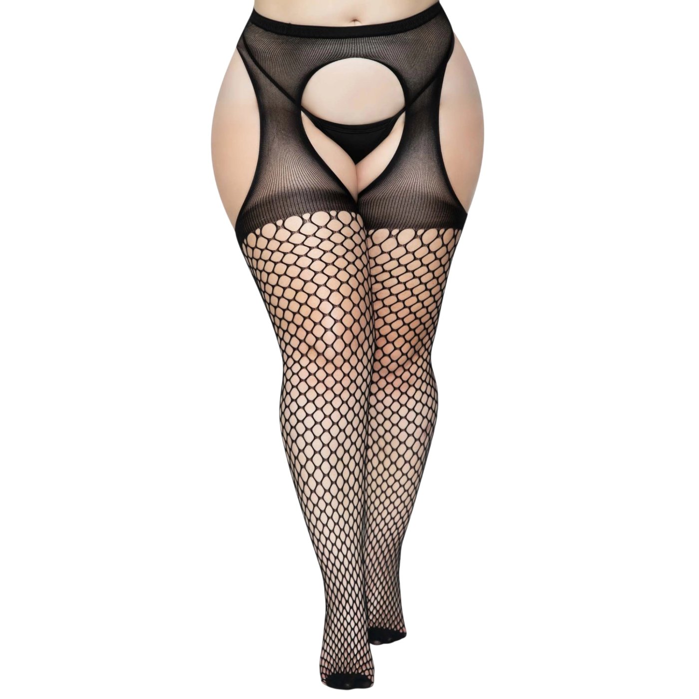 Leg Avenue Plus Size Oval Fishnet Crotchless Suspender Tights Black