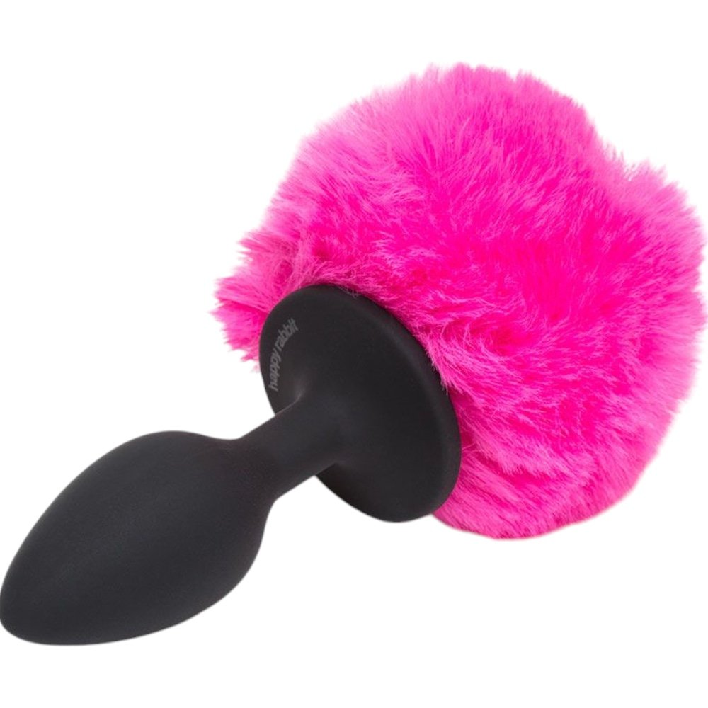 Happy Rabbit Vibrating Bunny Tail Butt Plug Large Black/Pink
