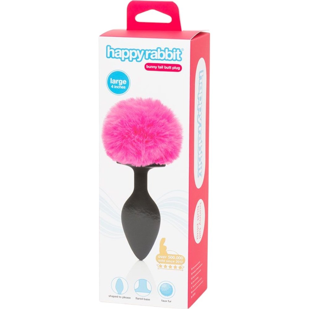 Happy Rabbit Vibrating Bunny Tail Butt Plug Large Black/Pink
