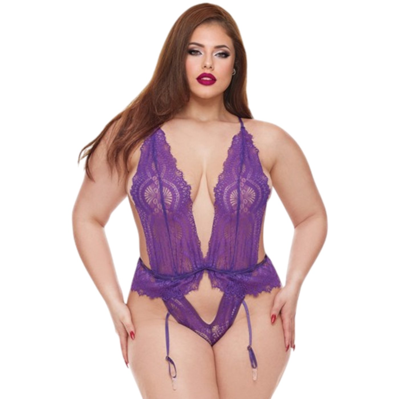 Baci Raven Ruffle Purple Lace Bodysuit with Suspender Straps Queen