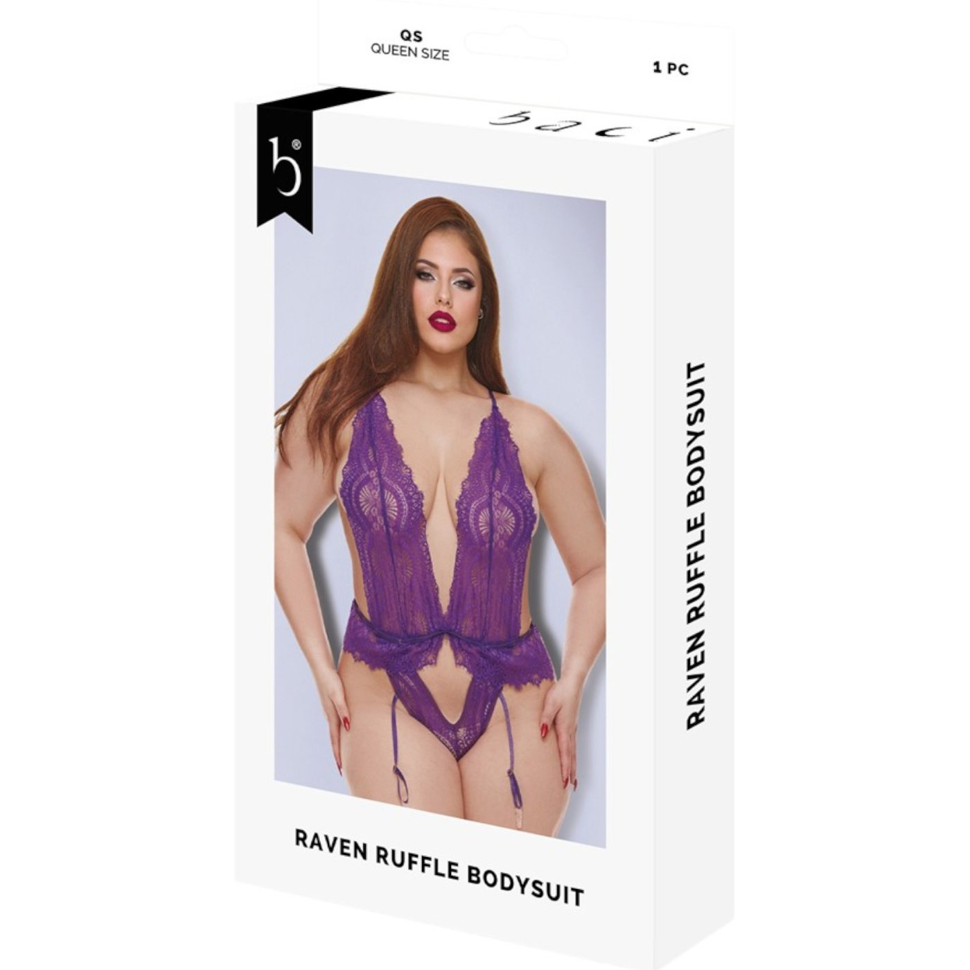 Baci Raven Ruffle Purple Lace Bodysuit with Suspender Straps Queen