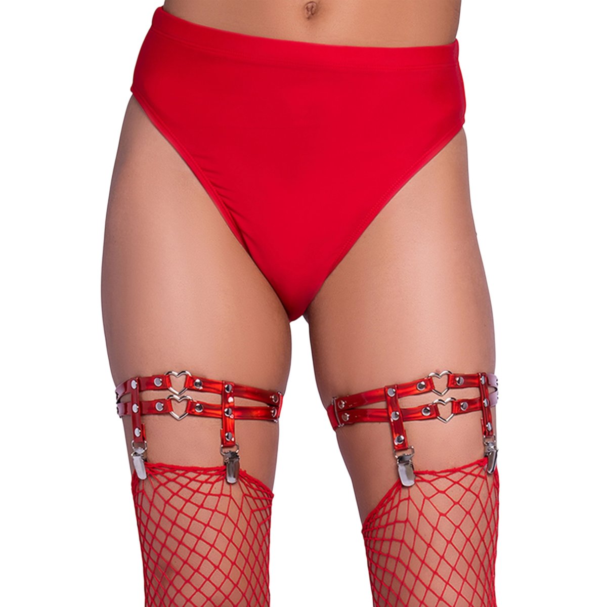 Leg Avenue Studded Heart Thigh Garters with Stocking Clips Red