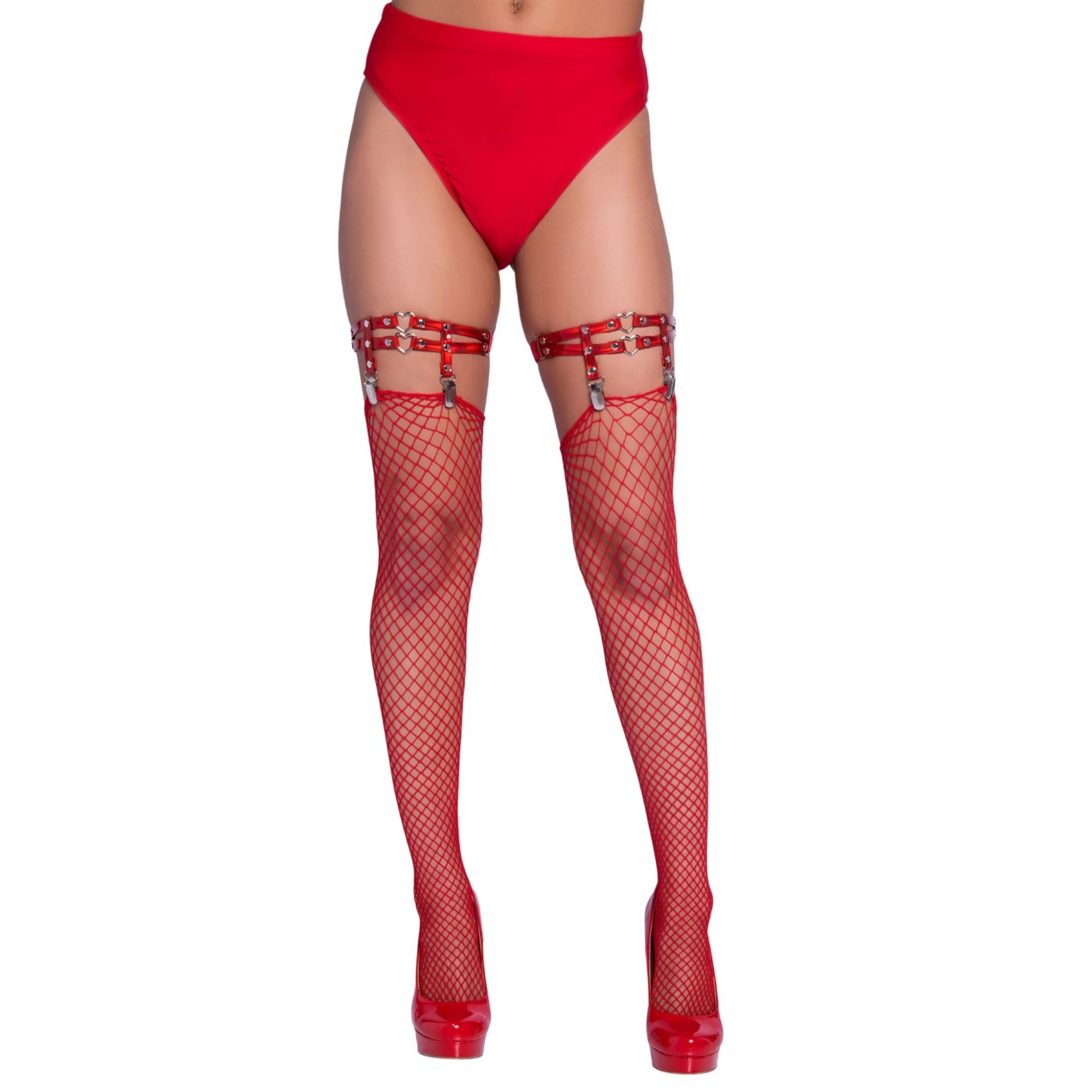 Leg Avenue Studded Heart Thigh Garters with Stocking Clips Red