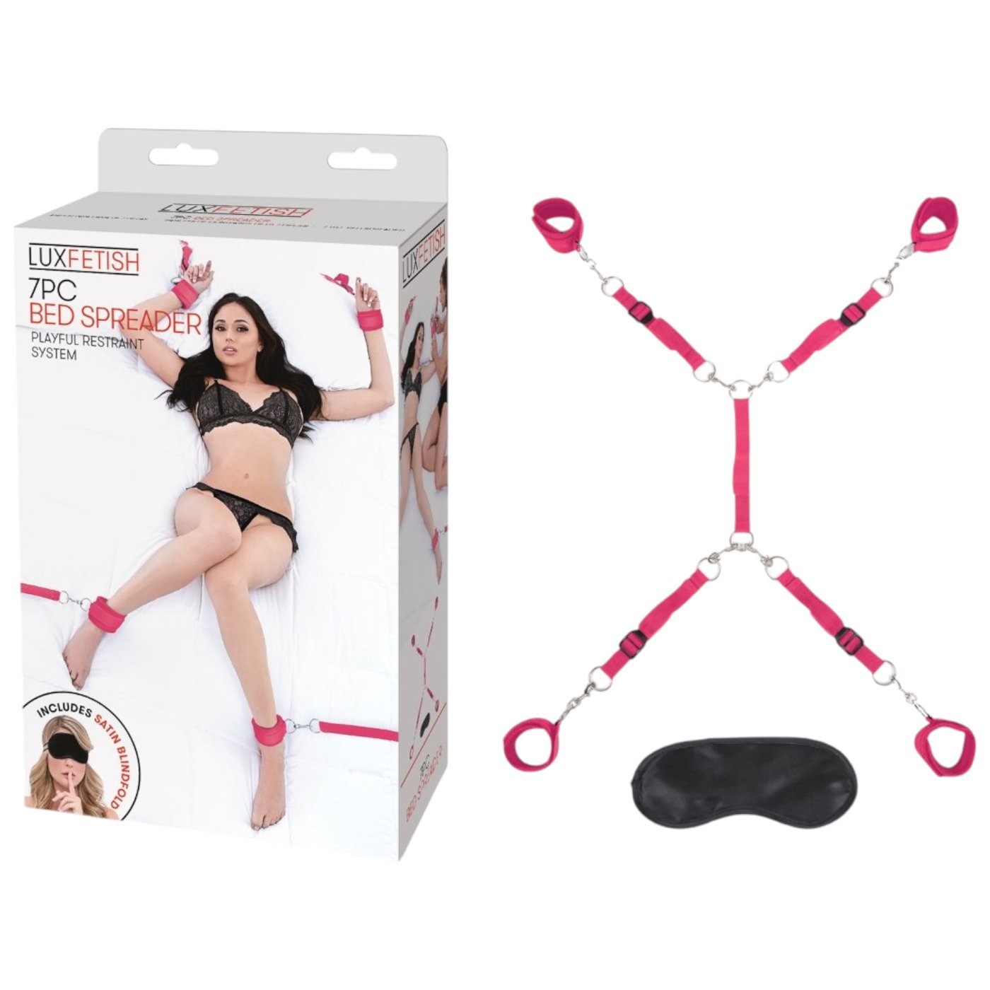 Lux Fetish Bed Spreader Restraint System with Blindfold (7 Piece) Pink