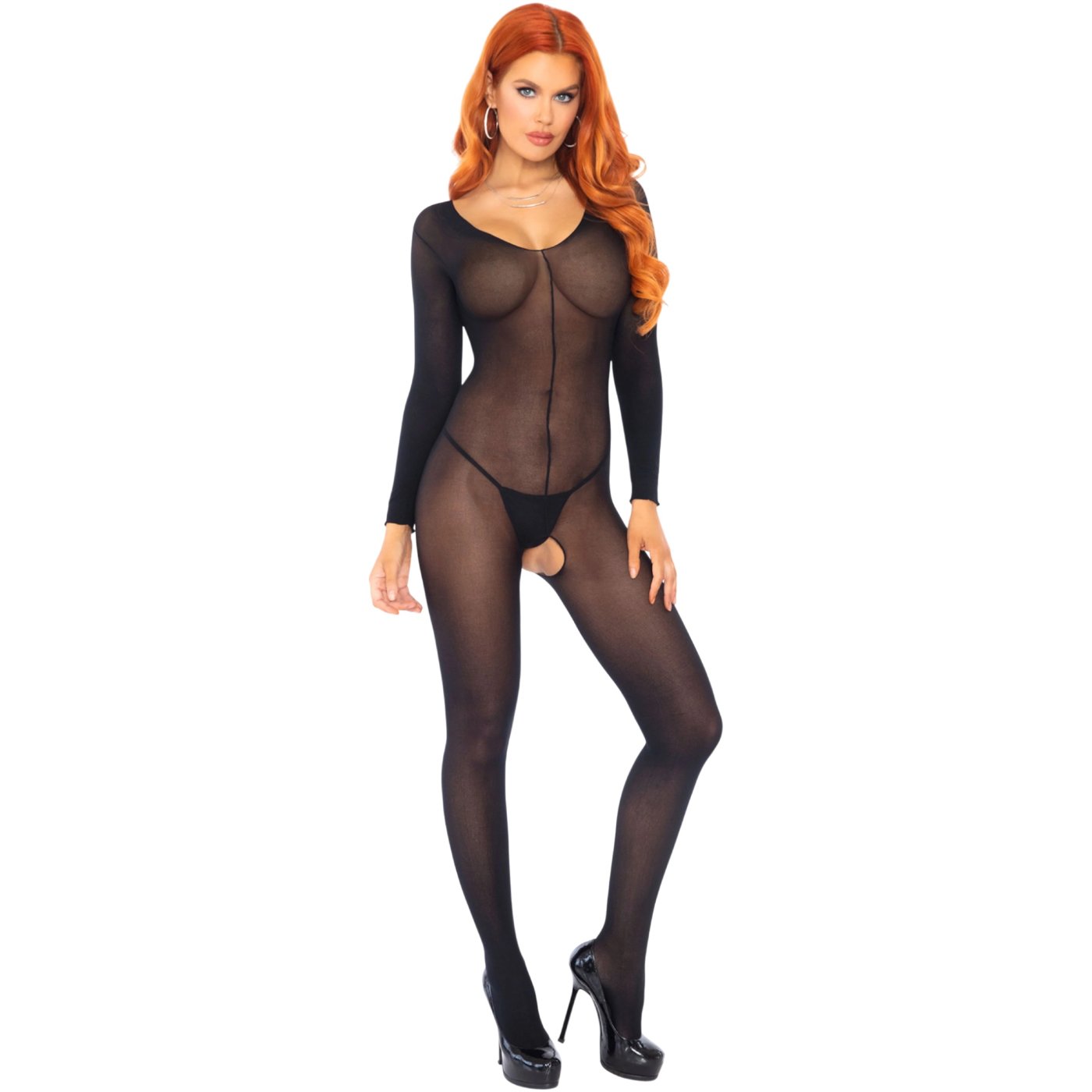 Leg Avenue Sheer Long Sleeve See-Through Crotchless Bodystocking Black