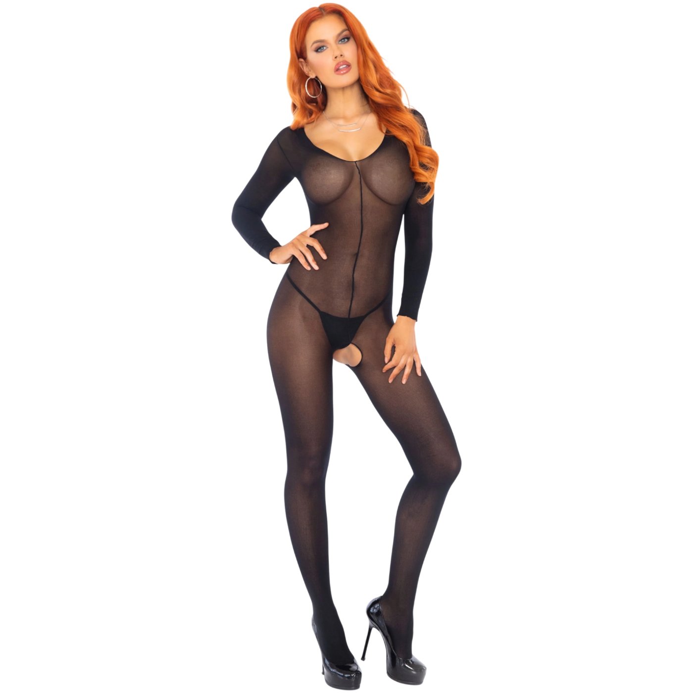 Leg Avenue Sheer Long Sleeve See-Through Crotchless Bodystocking Black