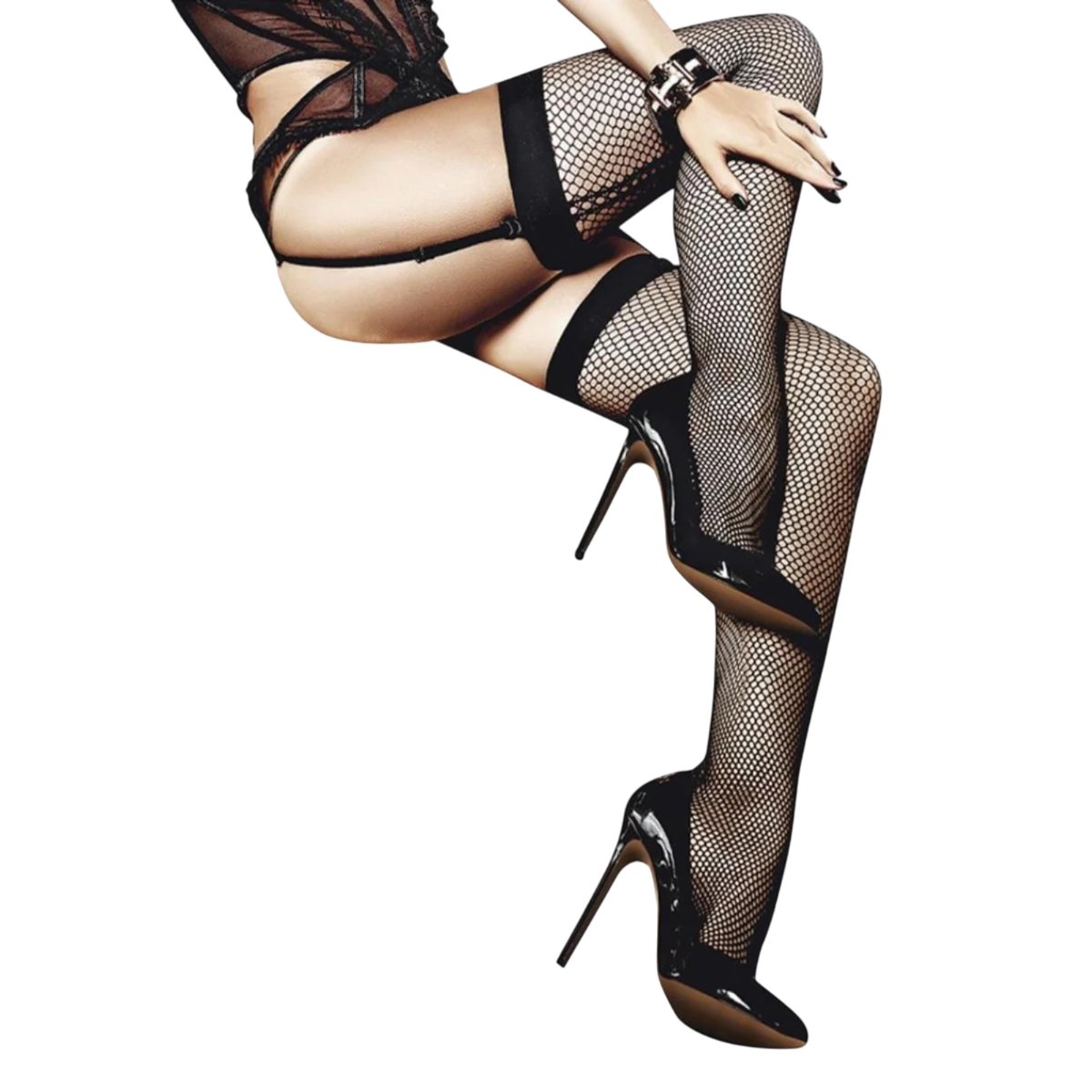 Baci Fishnet Thigh High Stockings with Back Seam Black