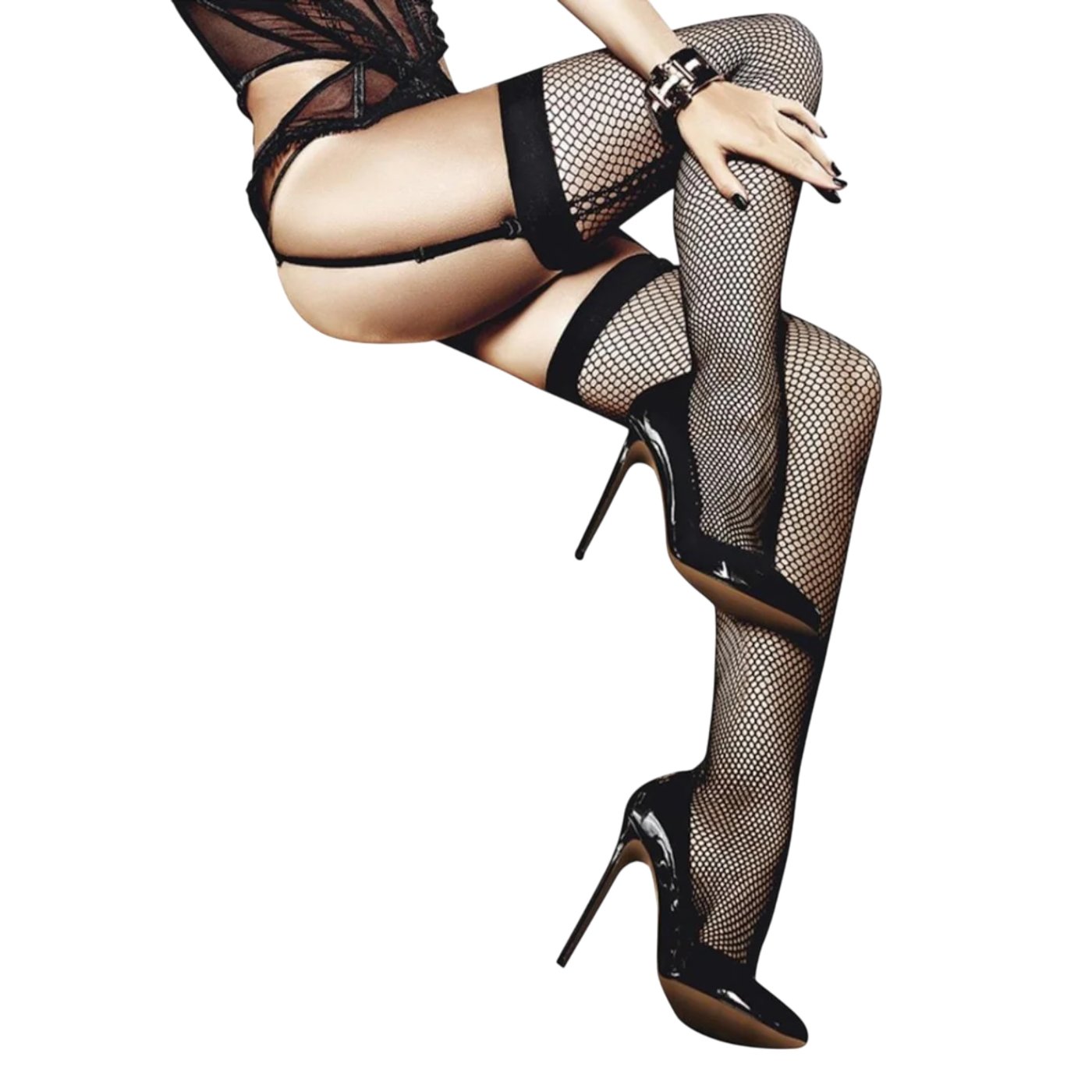 Baci Fishnet Thigh High Stockings with Back Seam Black