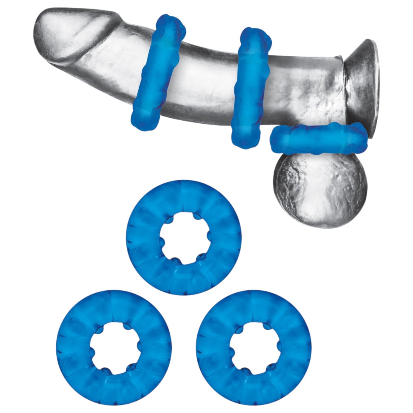 Blue Line Ribbed Rider Cock Ring Set (3 Pack)