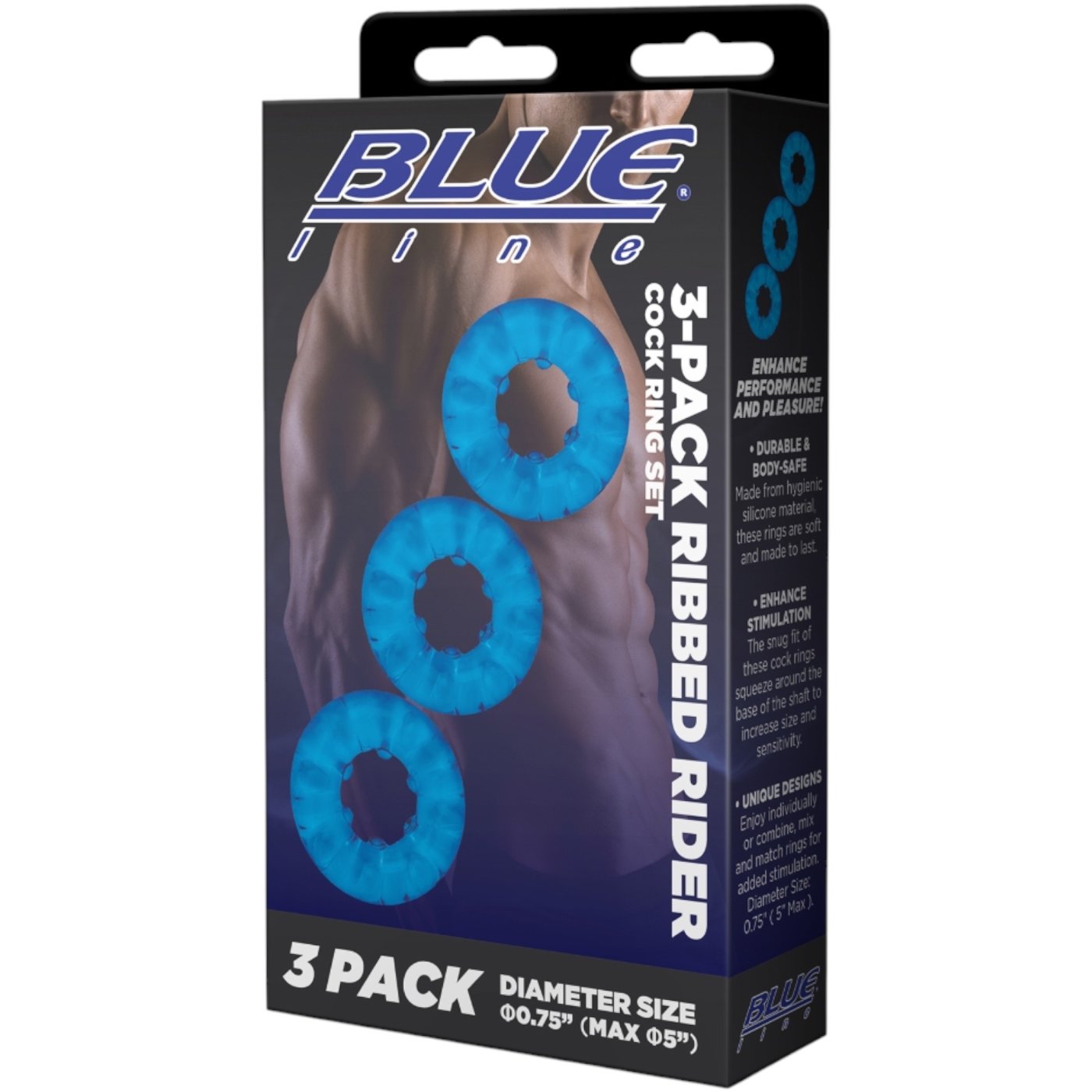 Blue Line Ribbed Rider Cock Ring Set (3 Pack)