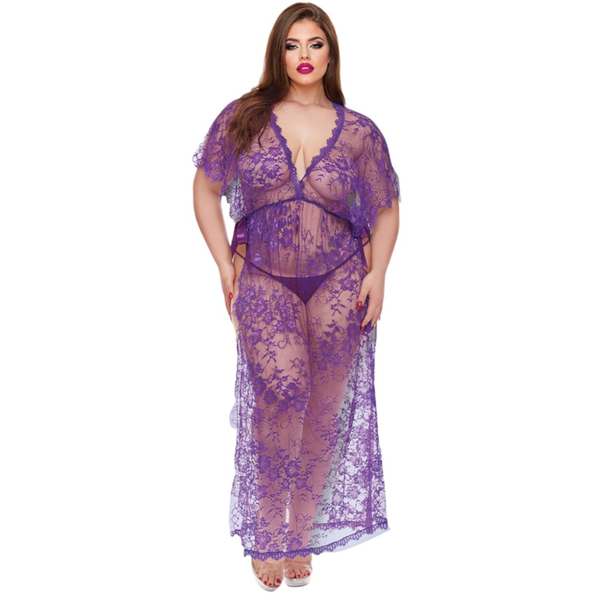 Baci Midnight Desire Purple Lace Gown And Thong Lingerie Set Queen