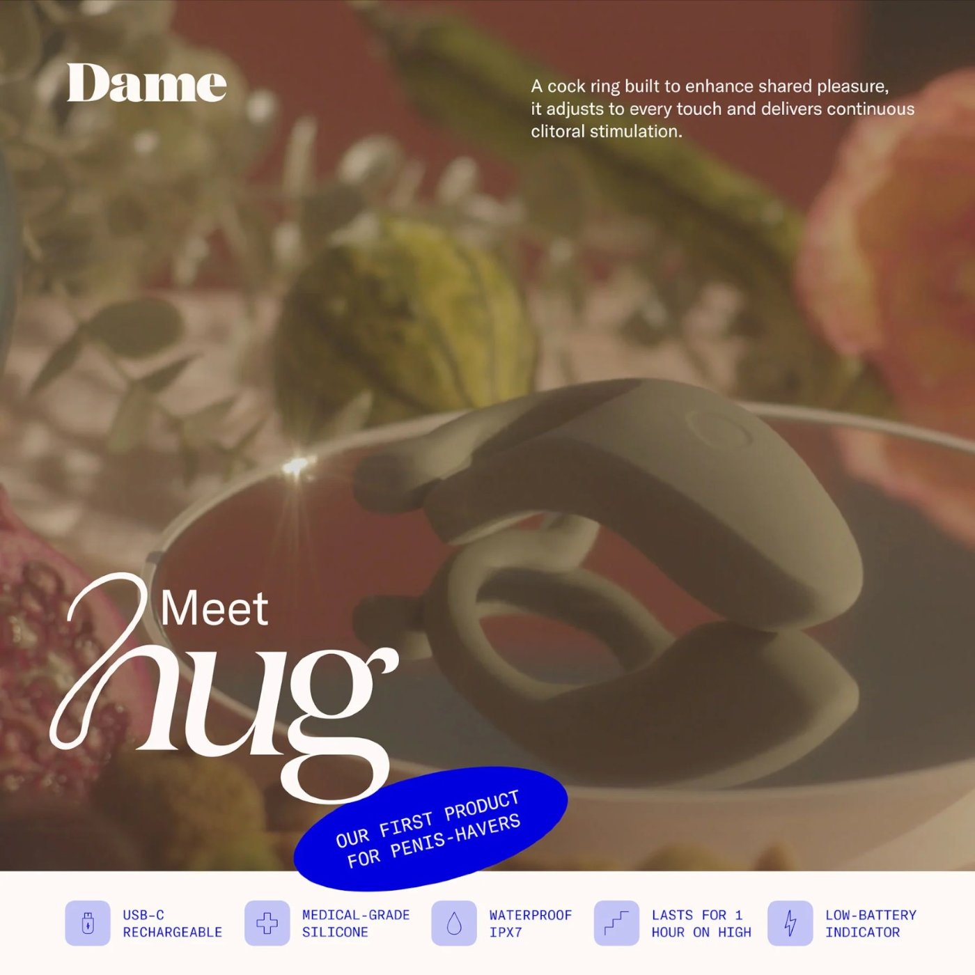 Dame Hug Rechargeable Vibrating Cock Ring for Couples