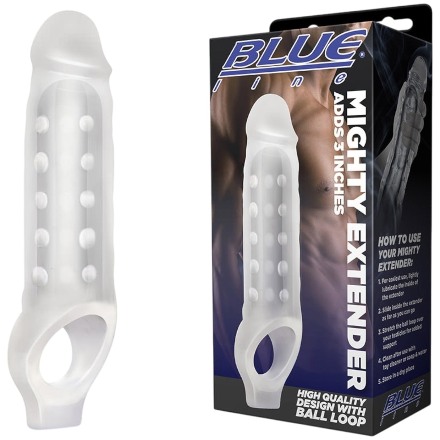Blue Line Mighty Extender Penis Sleeve with Ball Loop Adds 3 Inches