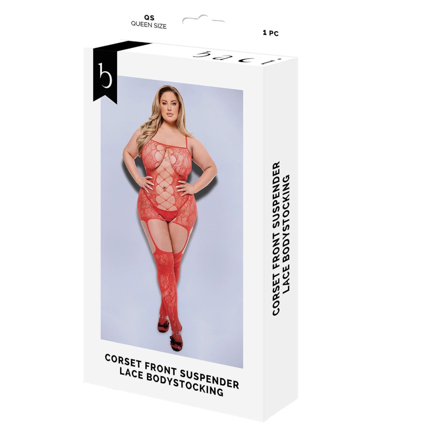 Baci Corset Front Suspender Lace Bodystocking Red Queen