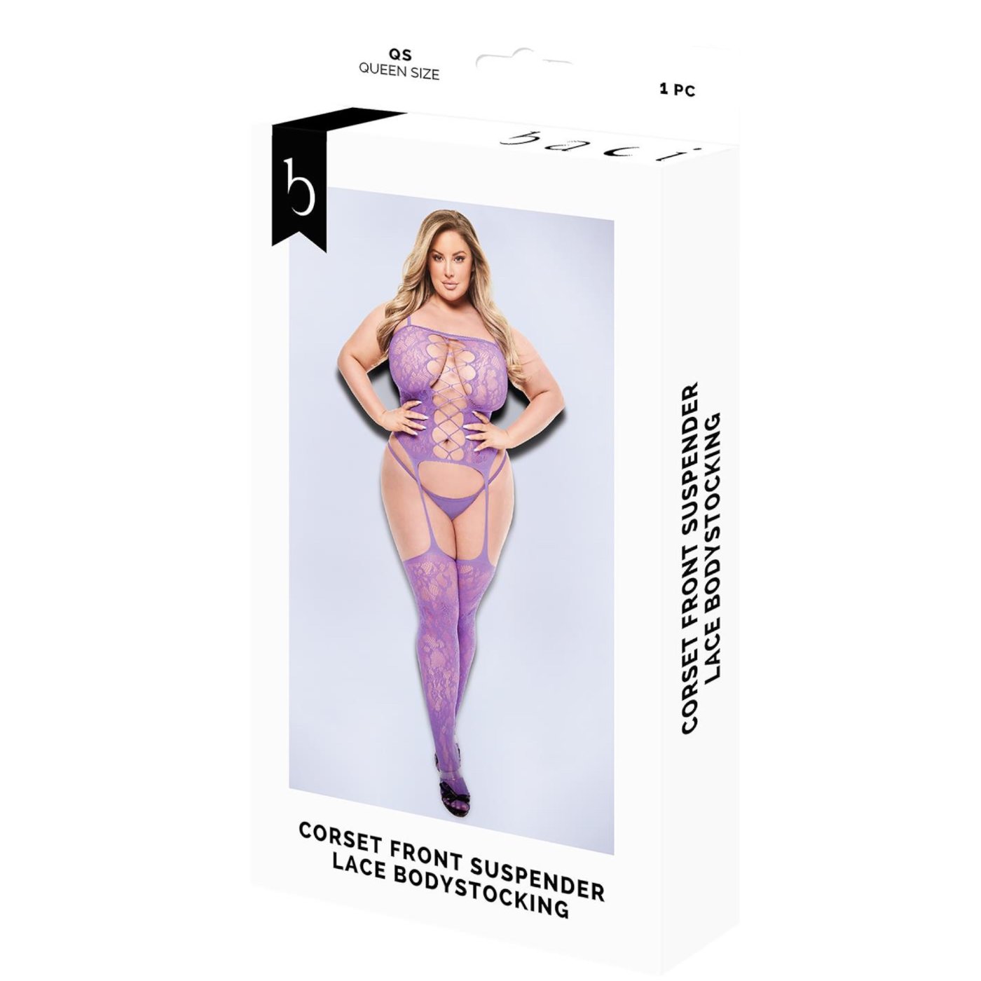 Baci Corset Front Suspender Lace Bodystocking Purple Queen