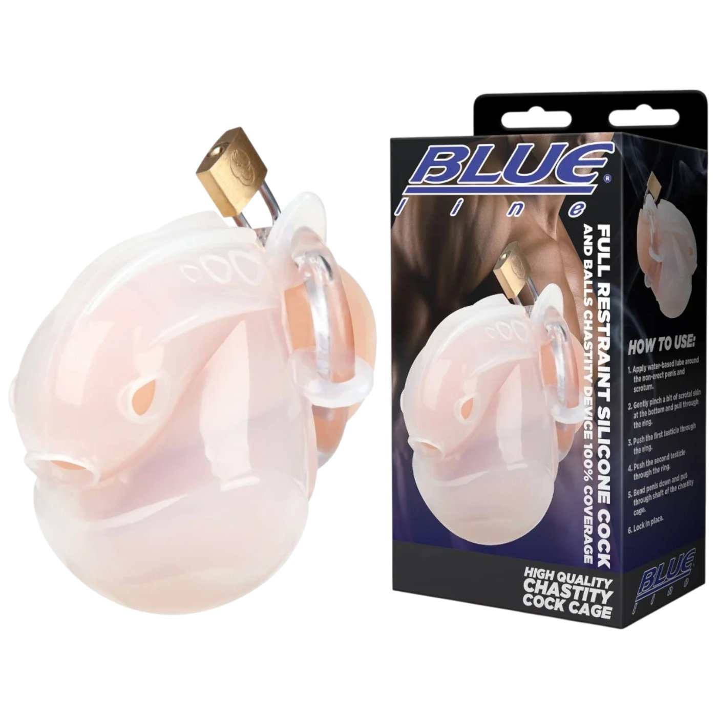 Blue Line Full Restraint Silicone Chastity Cage for Cock & Balls White