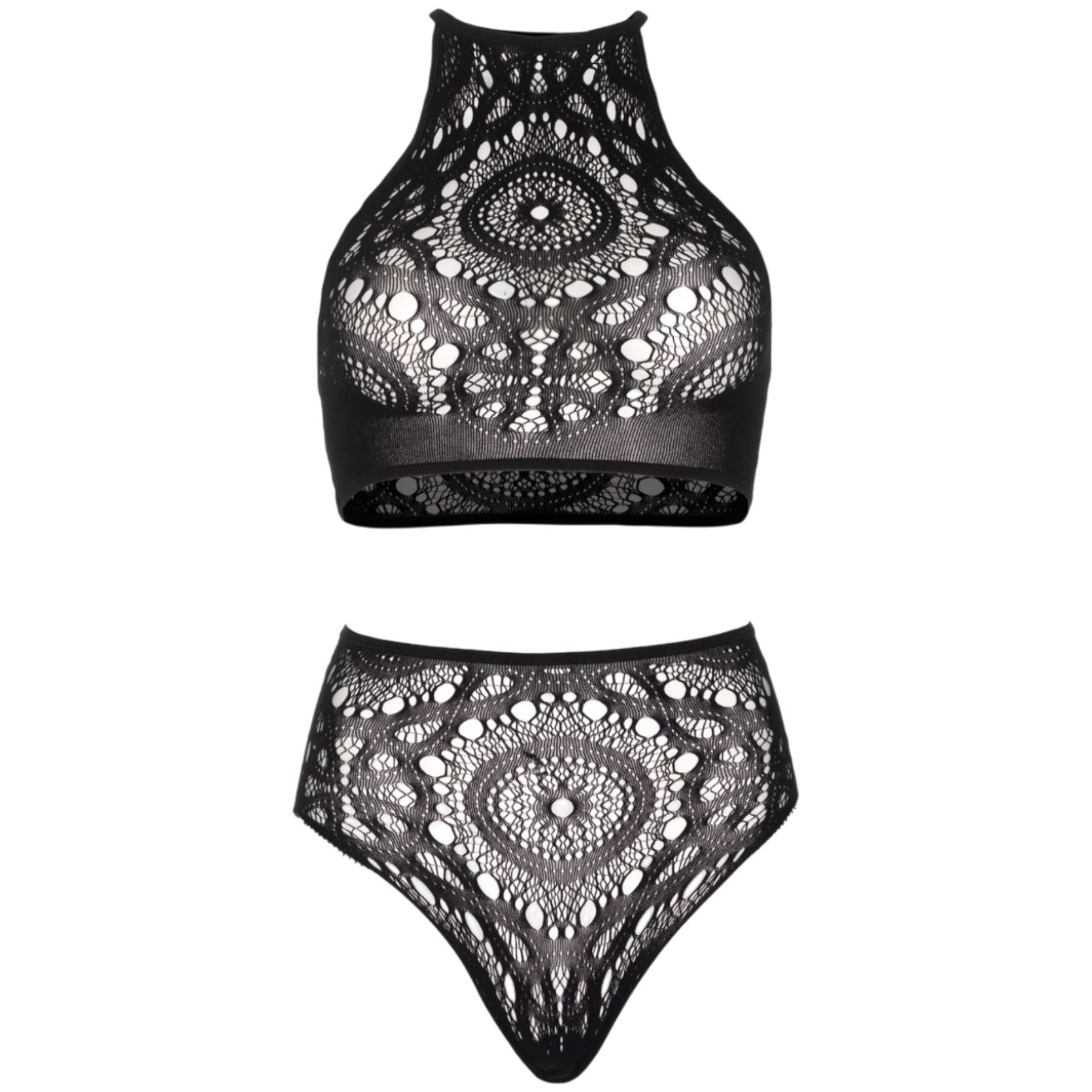 Leg Avenue Lace Halter Crop Top & High-Waist Thong Set Black