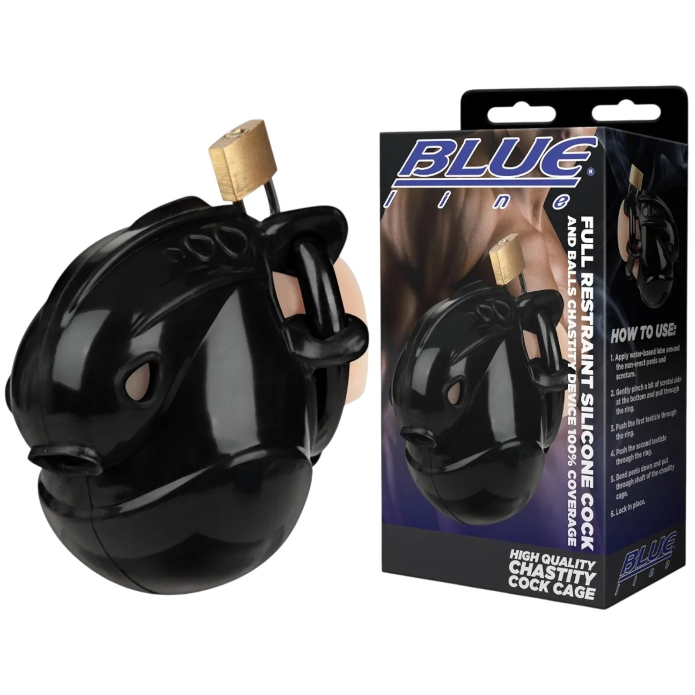 Blue Line Full Restraint Silicone Chastity Cage for Cock & Balls Black