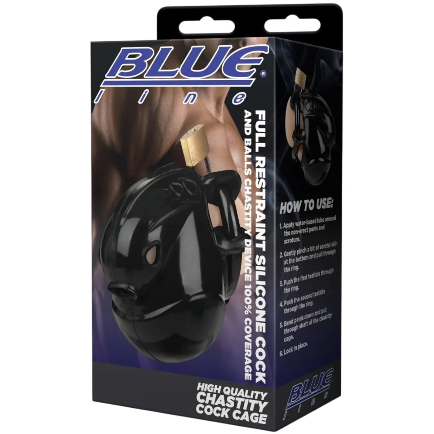 Blue Line Full Restraint Silicone Chastity Cage for Cock & Balls Black