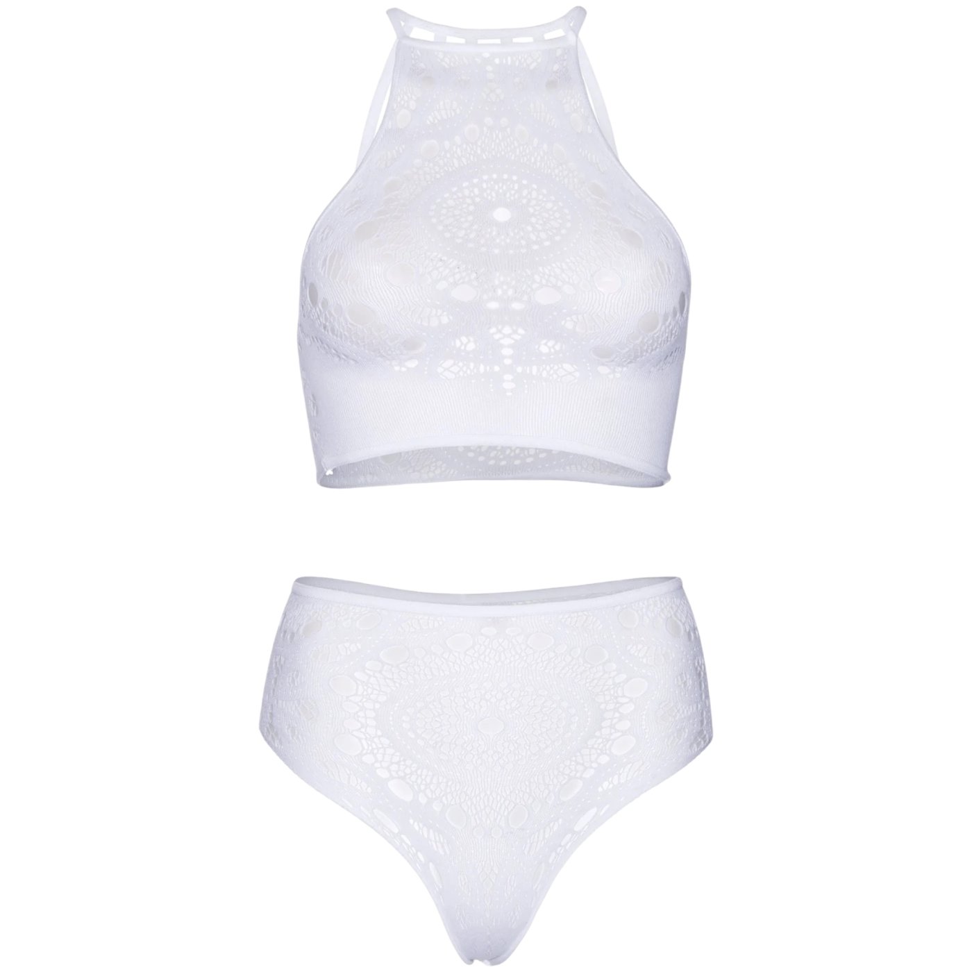 Leg Avenue Lace Halter Crop Top & High-Waist Thong Set White