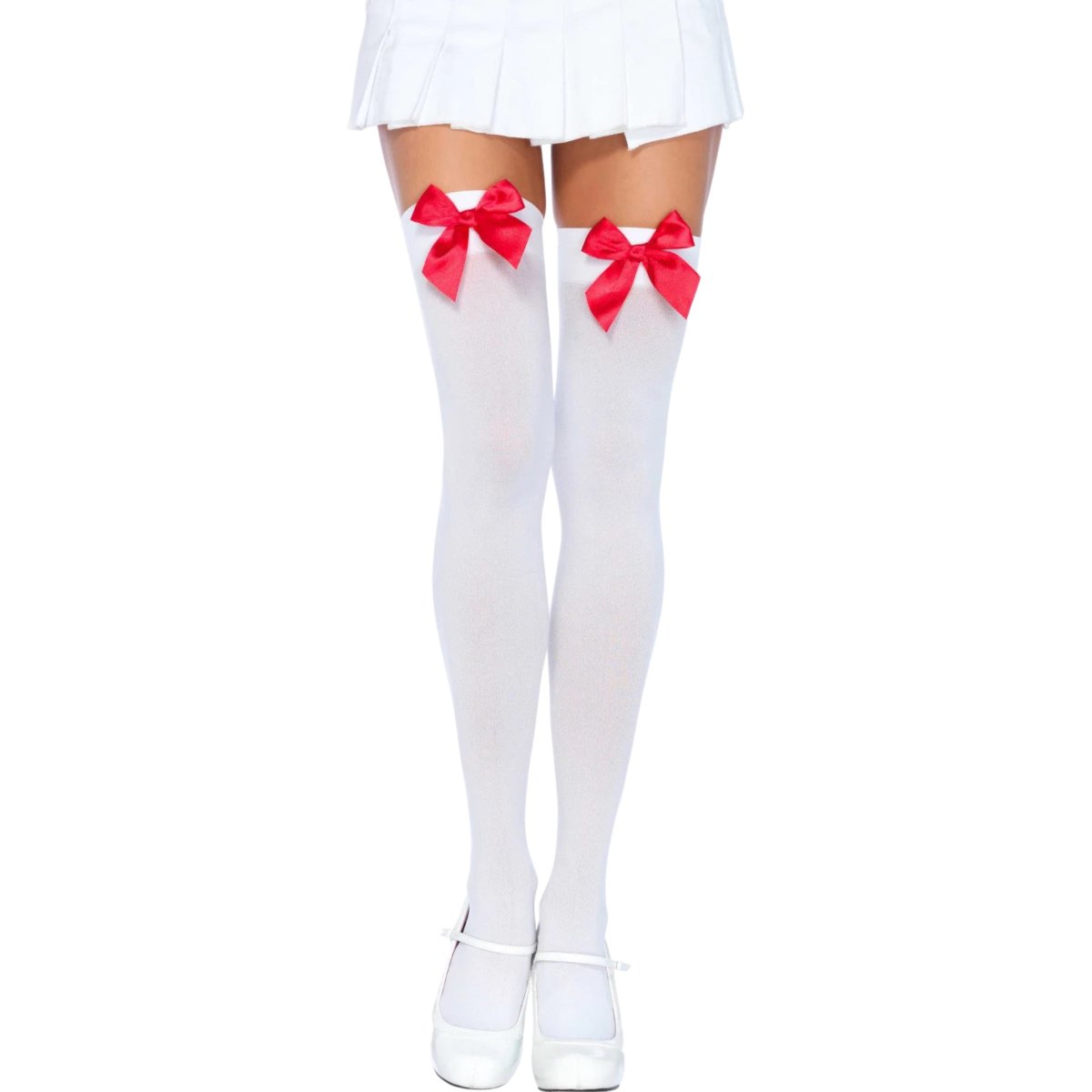 Leg Avenue White Nylon Thigh High Stockings with Red Bow