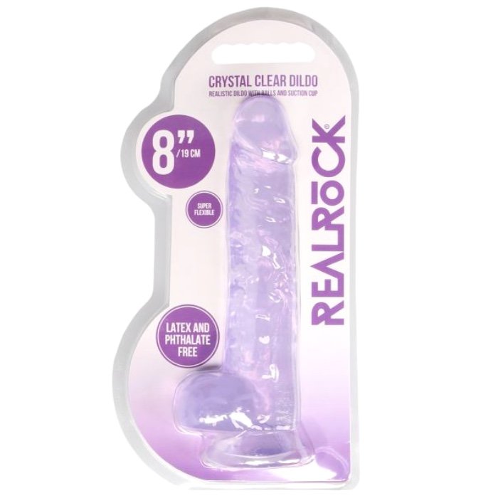 RealRock Crystal Clear Realistic Dildo with Balls Purple 8 Inch