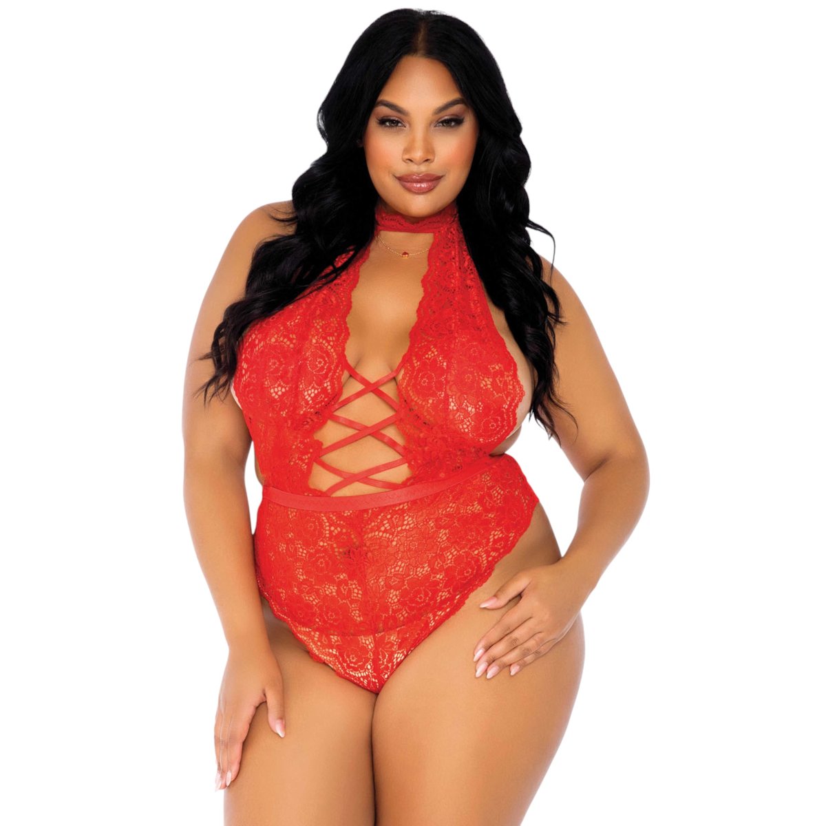 Leg Avenue Floral Lace Crotchless Teddy Red Queen