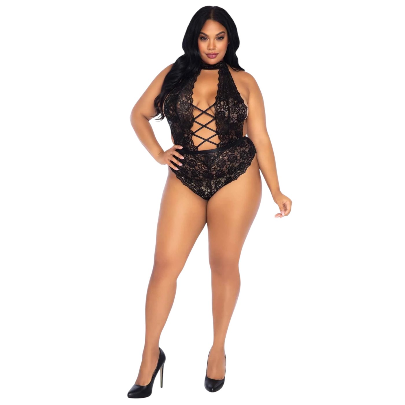 Leg Avenue Floral Lace Crotchless Teddy Black Queen