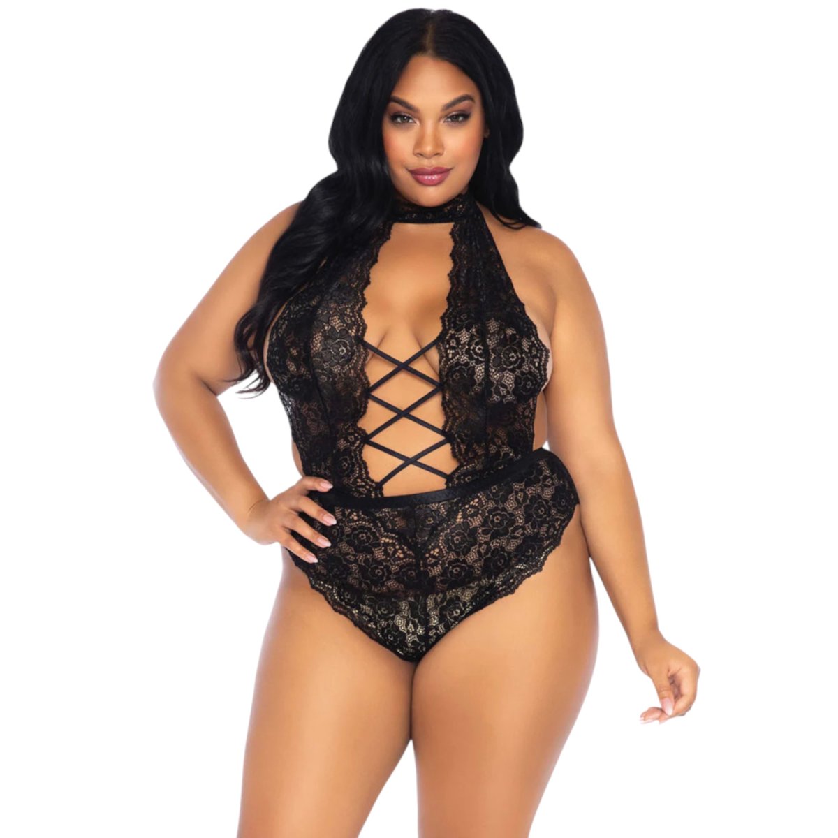 Leg Avenue Floral Lace Crotchless Teddy Black Queen
