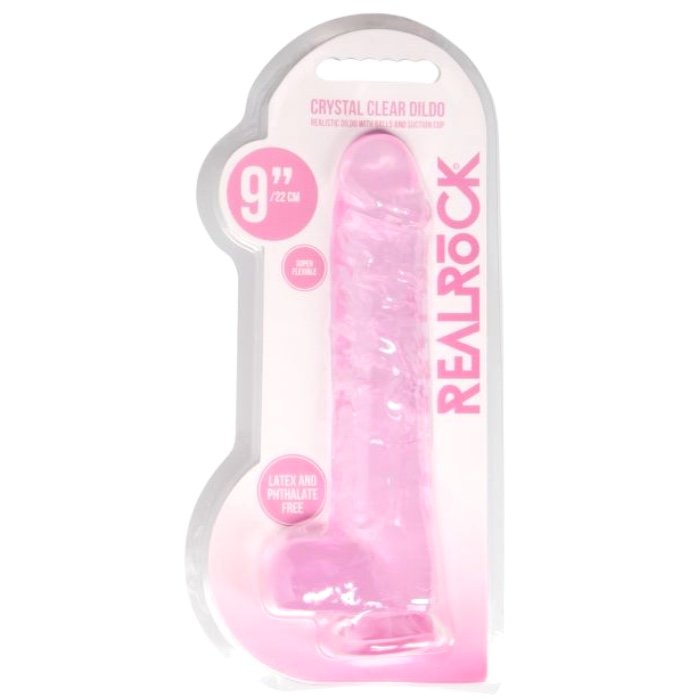 RealRock Crystal Clear Realistic Dildo with Balls Pink 9 Inch