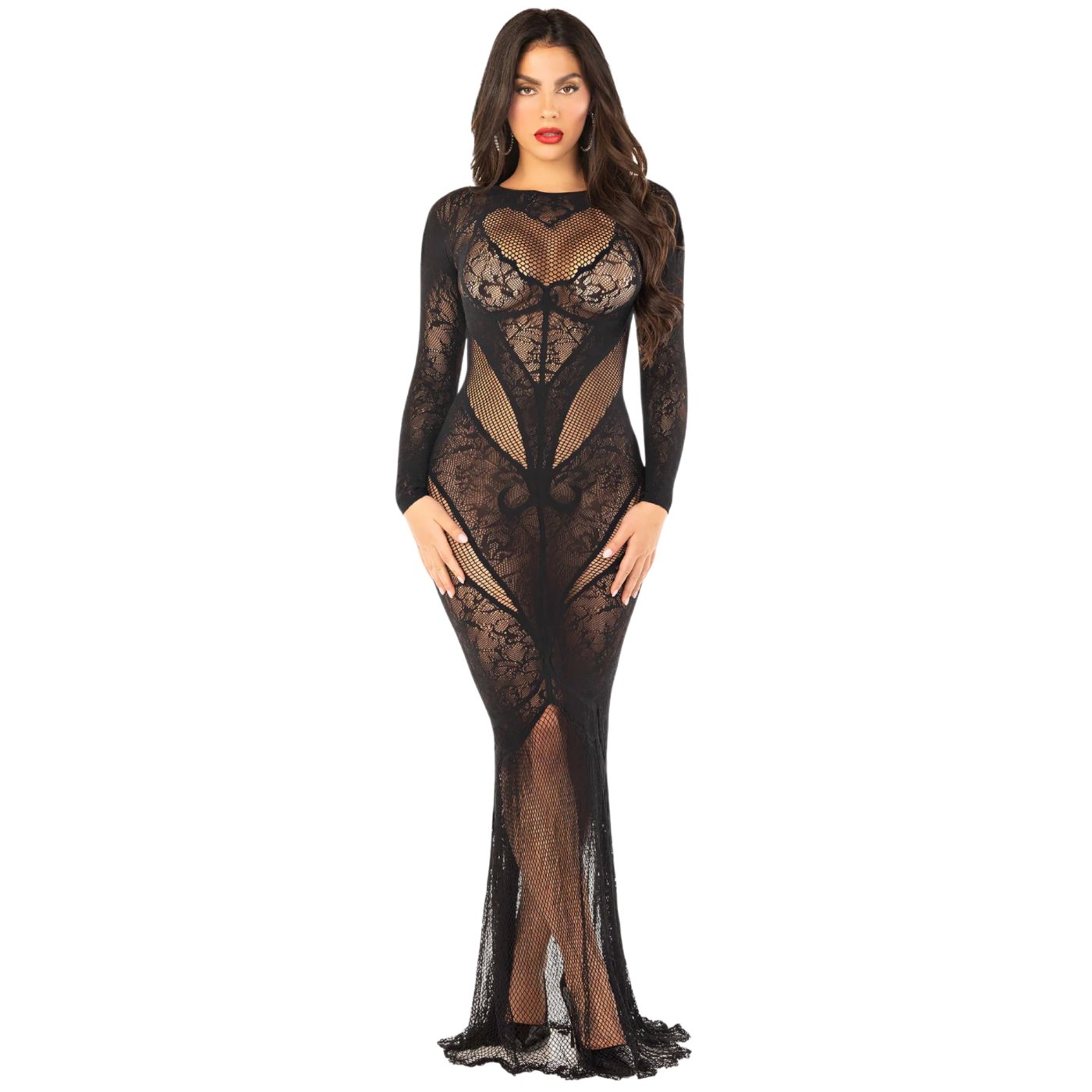 Leg Avenue Sheer Lace &amp; Fishnet Bodycon Gown Black