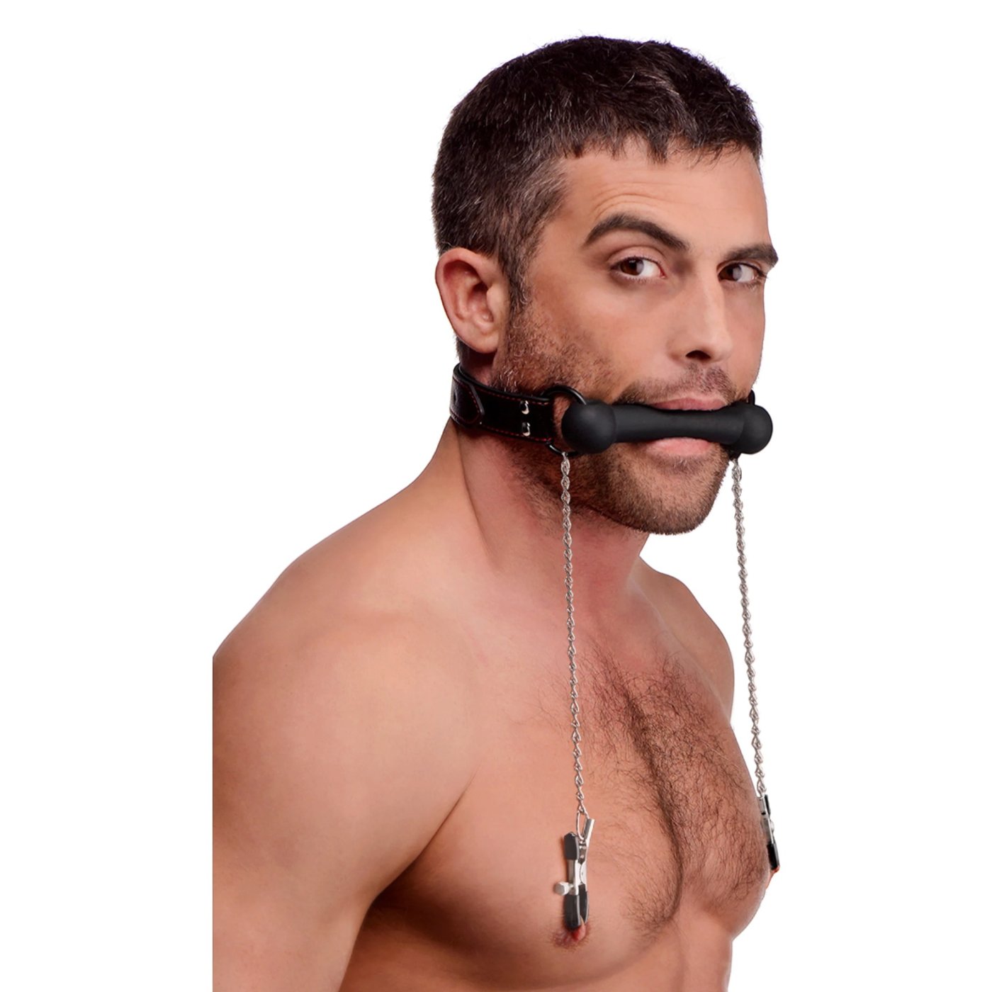 Strict Silicone Bit Gag with Nipple Clamps