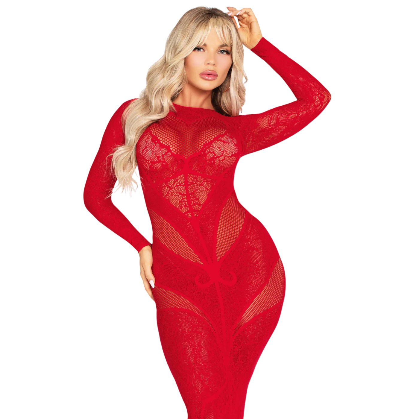 Leg Avenue Sheer Lace & Fishnet Bodycon Gown Red