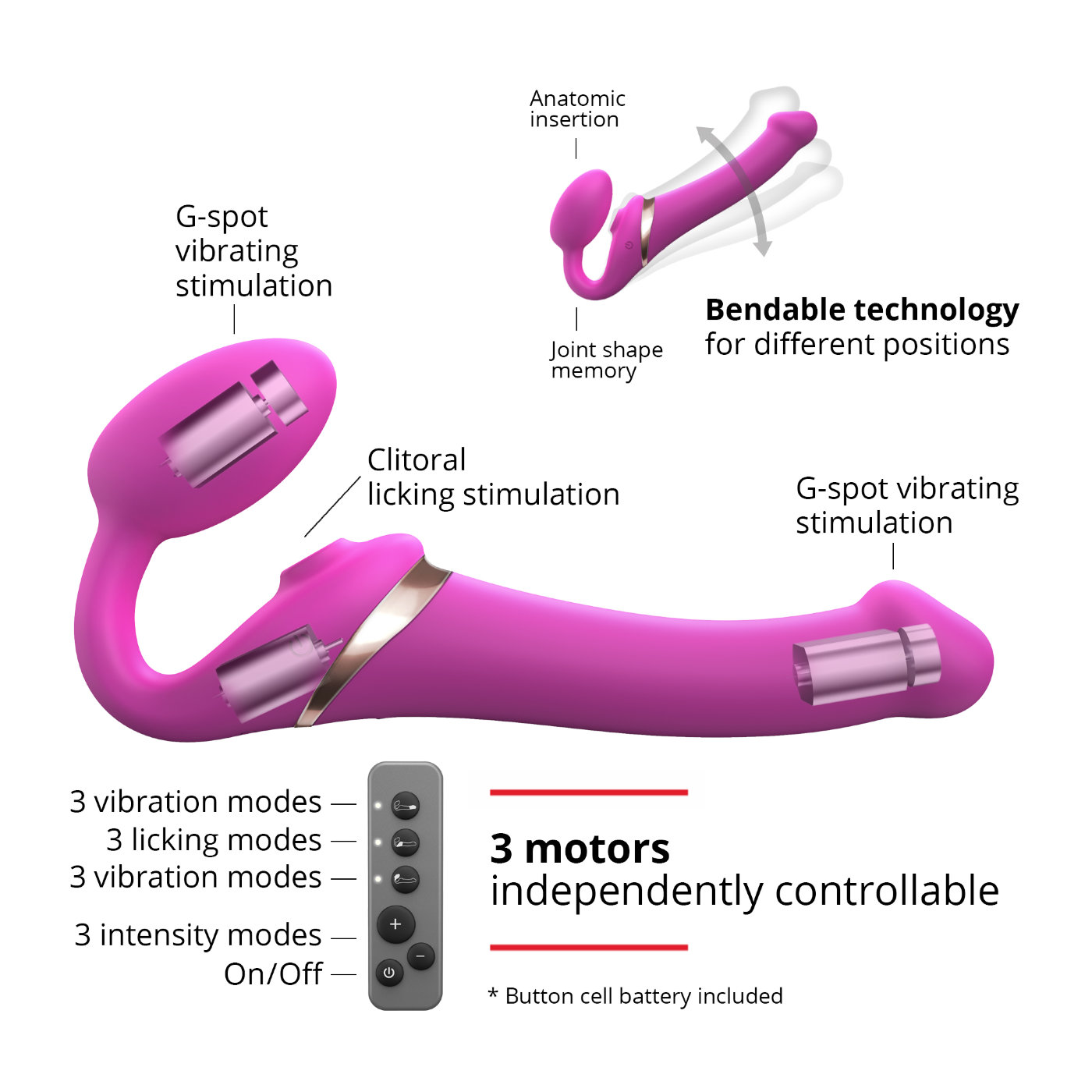 Strap-On-Me Licking Rechargeable Remote Control Vibrating Strapless Strap-On Fuchsia L
