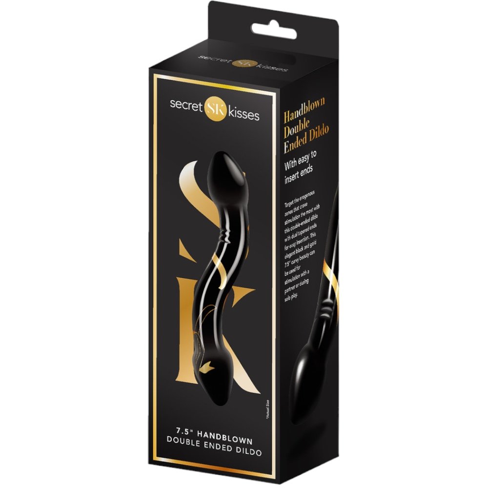 Secret Kisses Handblown Glass Double Ended Dildo Black Gold 7.5 Inch