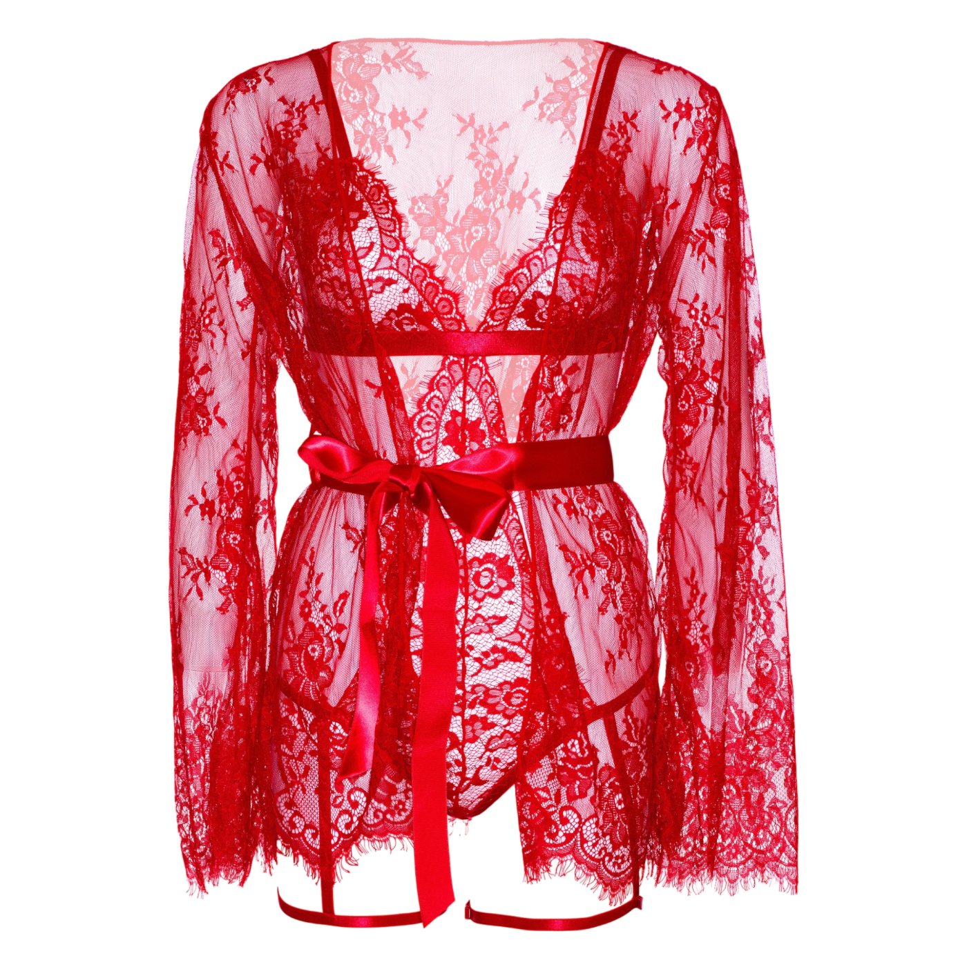 Leg Avenue Lace Suspender Teddy & Sheer Robe Set Red