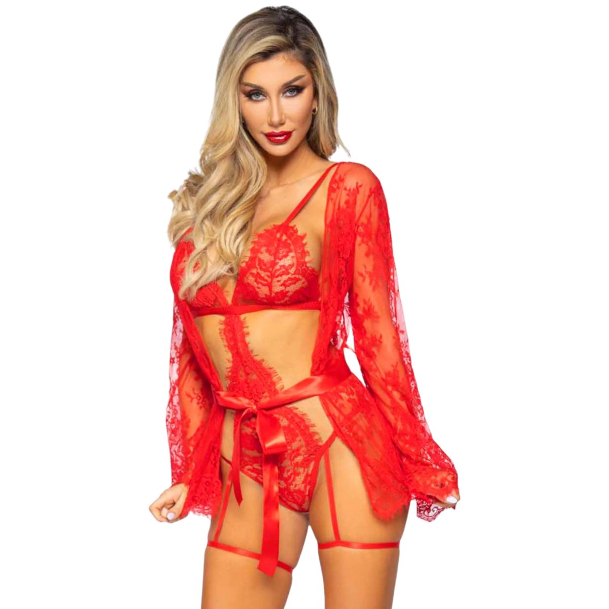 Leg Avenue Lace Suspender Teddy &amp; Sheer Robe Set Red, M – Leg Avenue