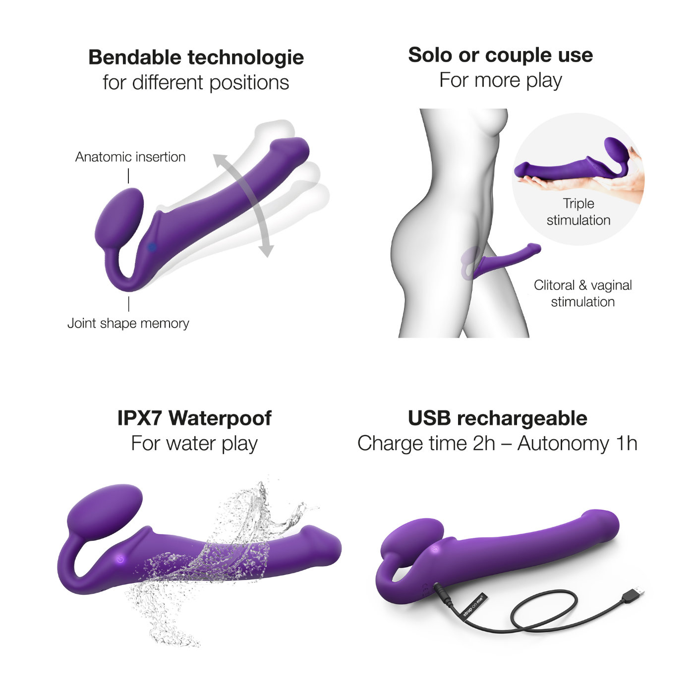 Strap-On-Me Rechargeable Remote Control Vibrating Strapless Strap-On Purple M