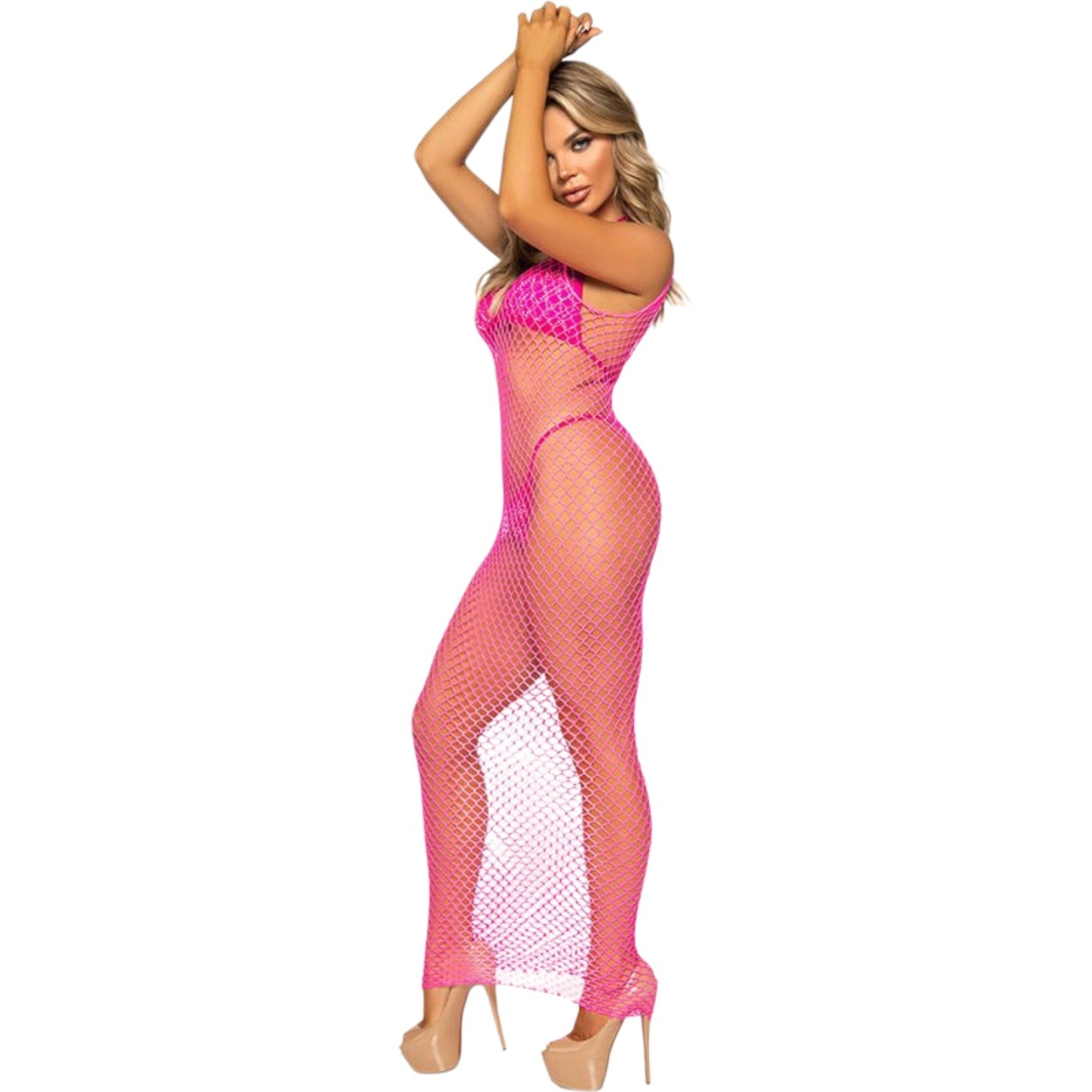 Leg Avenue Woven Twist Fishnet Backless Maxi Dress Hot Pink