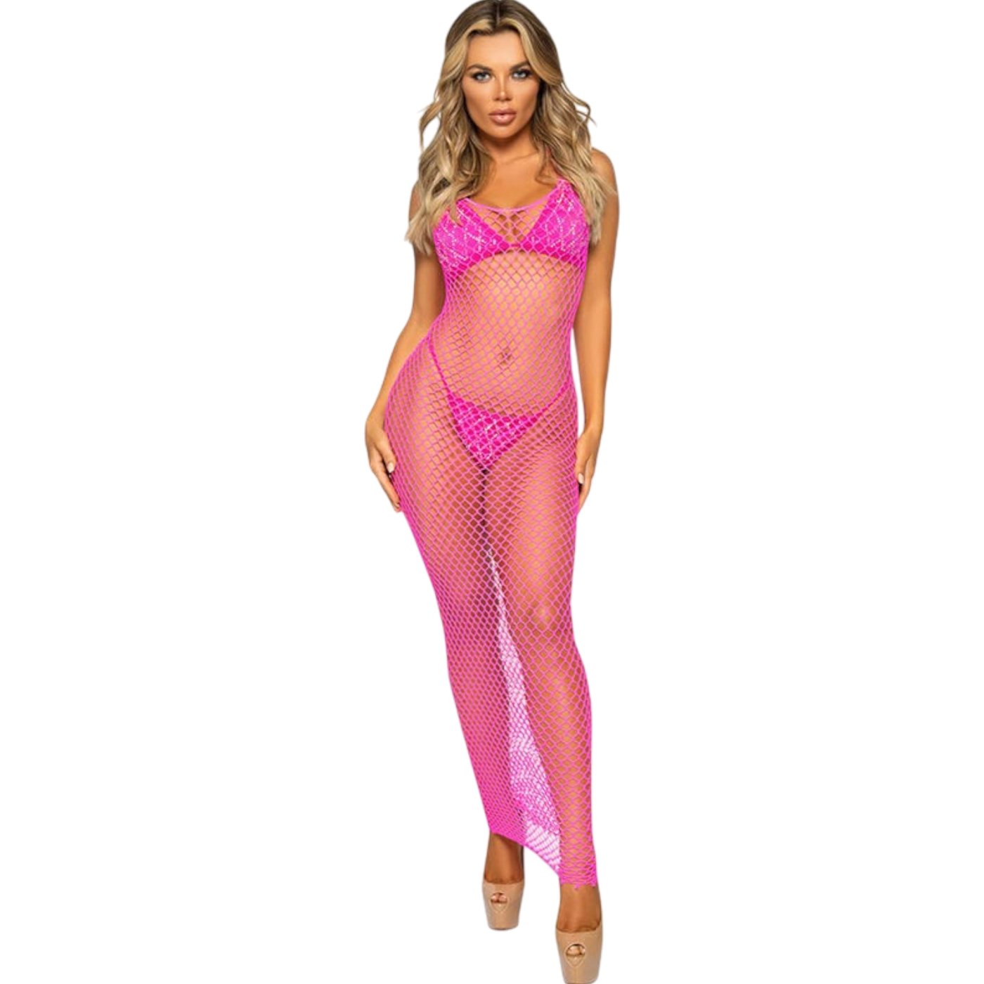 Leg Avenue Woven Twist Fishnet Backless Maxi Dress Hot Pink